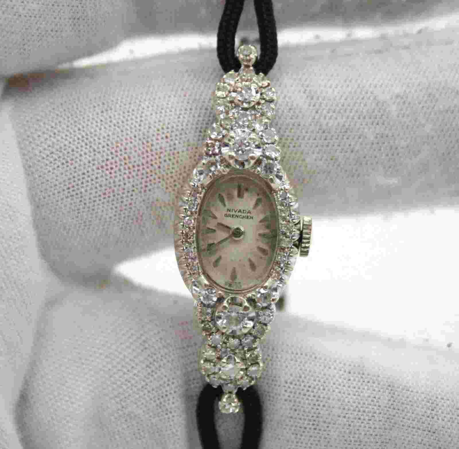 CROTON  NIVADA GRENCHEN 14K WHITE GOLD ESTATE WATCH WITH DIAMONDS CORD BRACELET