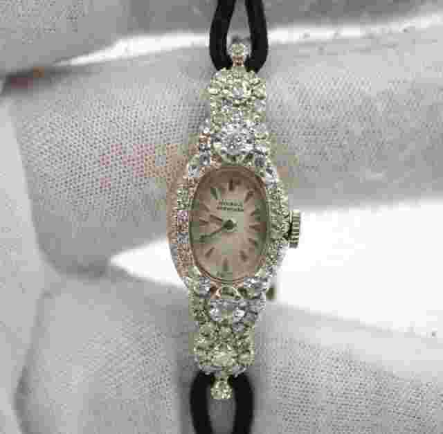 CROTON  NIVADA GRENCHEN 14K WHITE GOLD ESTATE WATCH WITH DIAMONDS CORD BRACELET