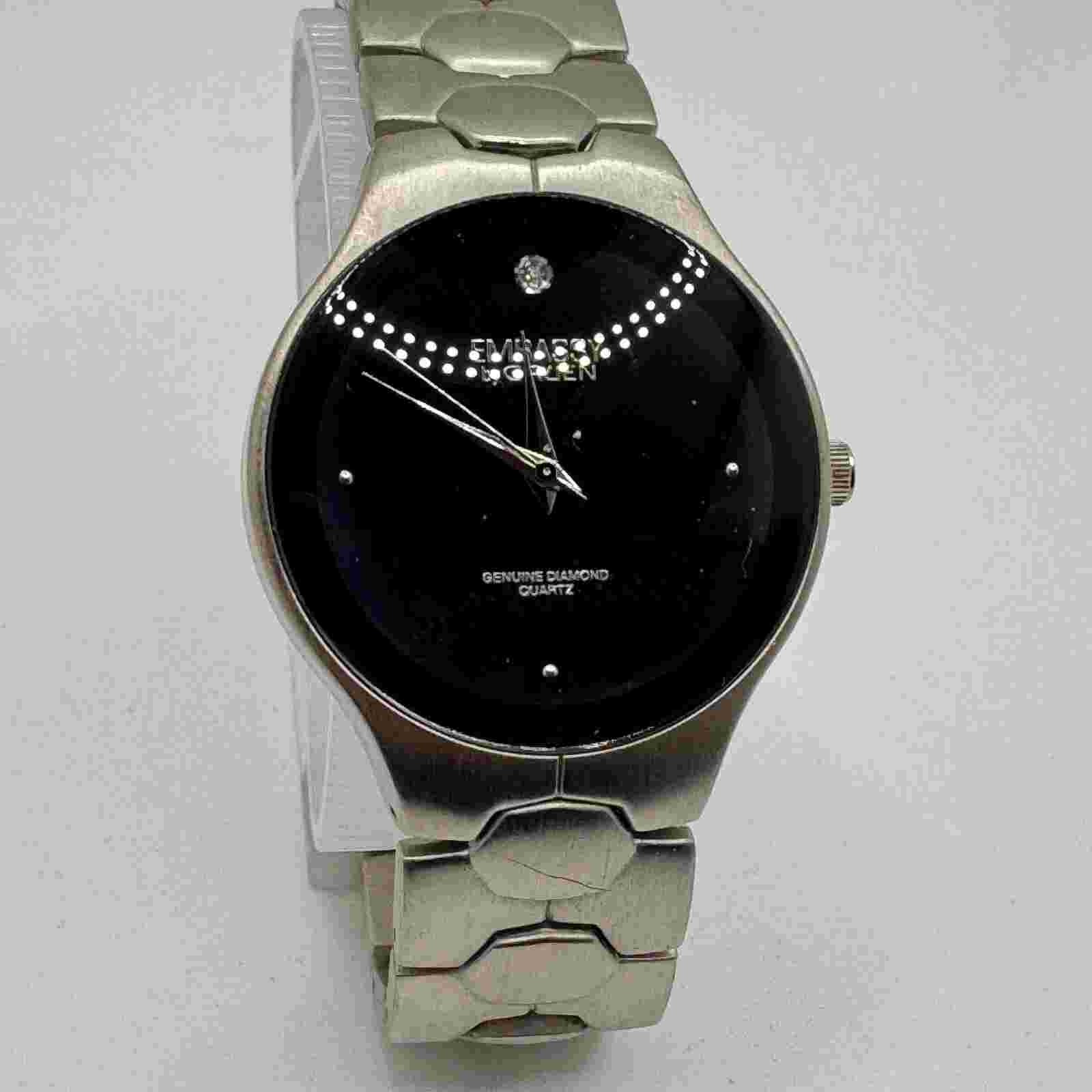 Embassy by Gruen Japan Quartz Watch Men Silver Steel Diamond New Battery 7.5"