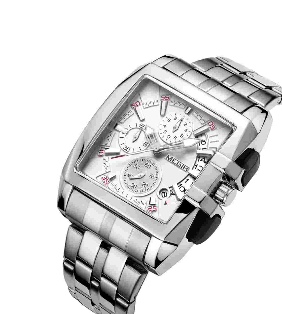 Megir Men's Watches Quartz Movement Alloy Watch Case Steel Belt White Dial 2018G