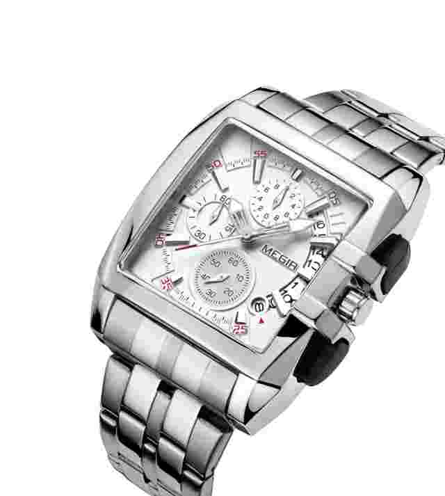 Megir Men's Watches Quartz Movement Alloy Watch Case Steel Belt White Dial 2018G