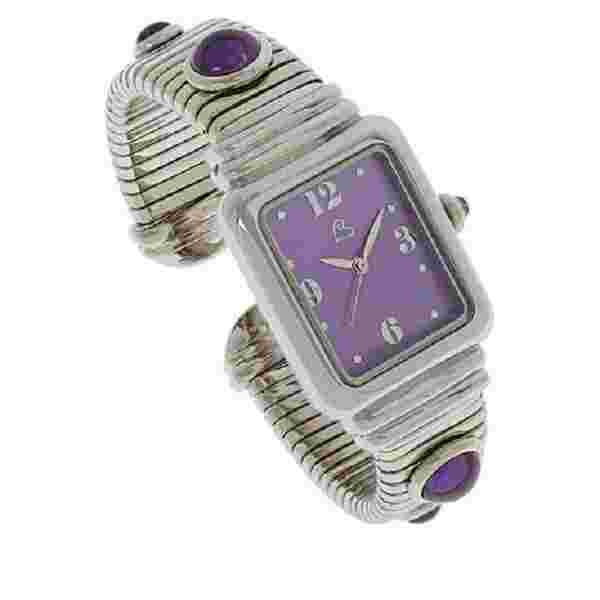 HSN Colleen Lopez Stainless Steel Amethyst Gemstone Dial Cuff Watch