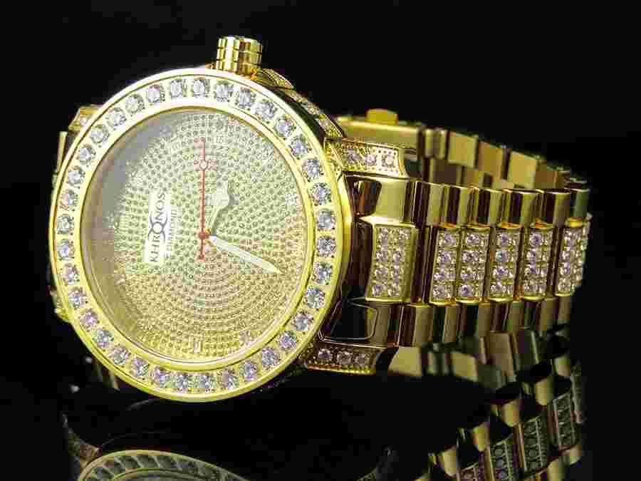 Men's Yellow Gold Finish Stainless Steel  Khronos Simulated Diamond Watch 48MM