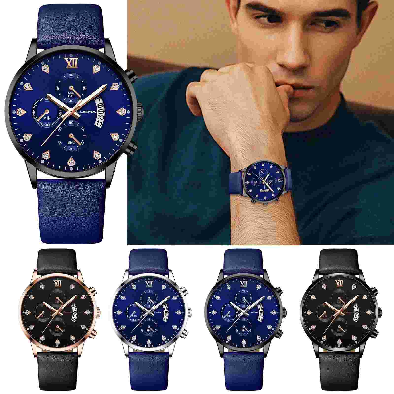 CUENA Sport Men's Stainless Steel Case Leather Band Quartz Analog Wrist Watch