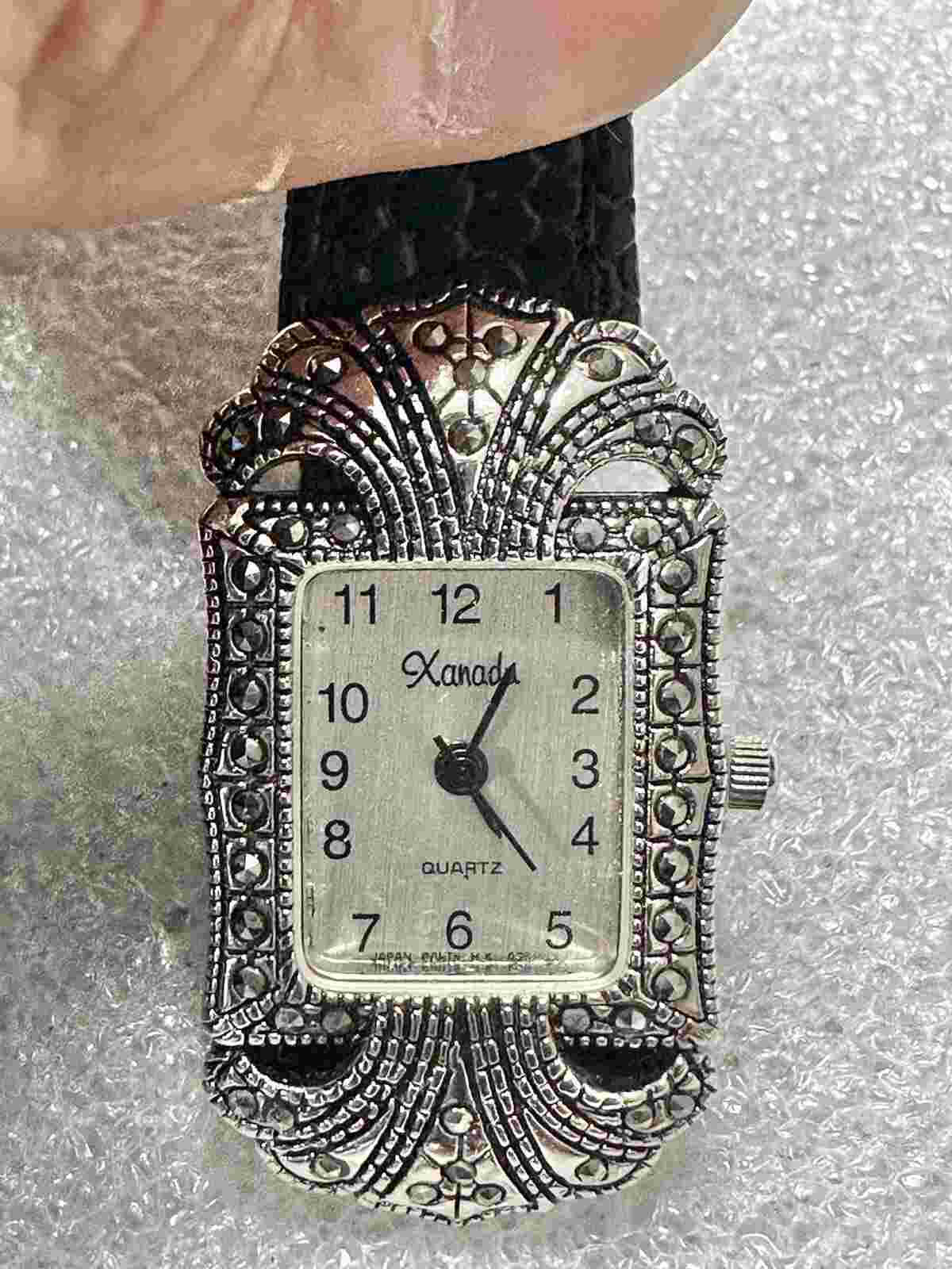 Working Xanadu Marcasite Watch Black leather Band