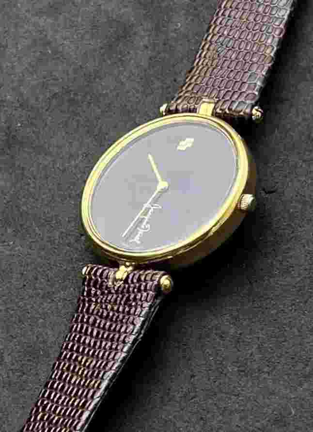 Vintage New JACQUES FAREL Men’s 32mm Quartz Watch Gold Black Dial Genuine Lizard
