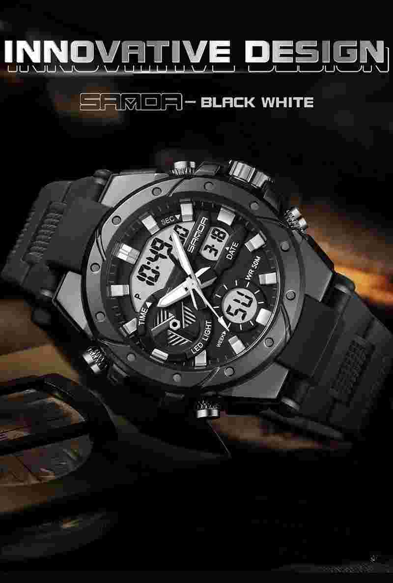 SANDA LED Digital & Analogue Sports Watch Stainless Steel Back Various Colours
