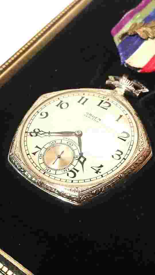 RARE 14K WHITE GOLD THE GRUEN PENTAGON VERITHIN 17J POCKET WATCH ORIGINAL CASE