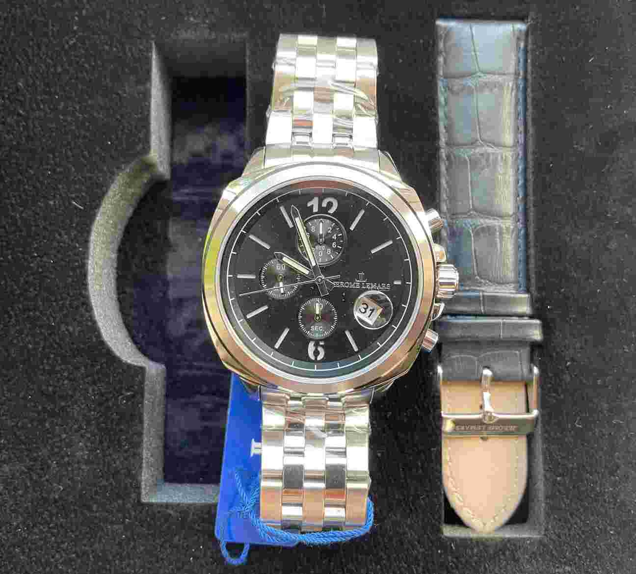 Jerome LeMars - Seurat Collection - Noir - Mens Silver Bracelet & Leather Strap