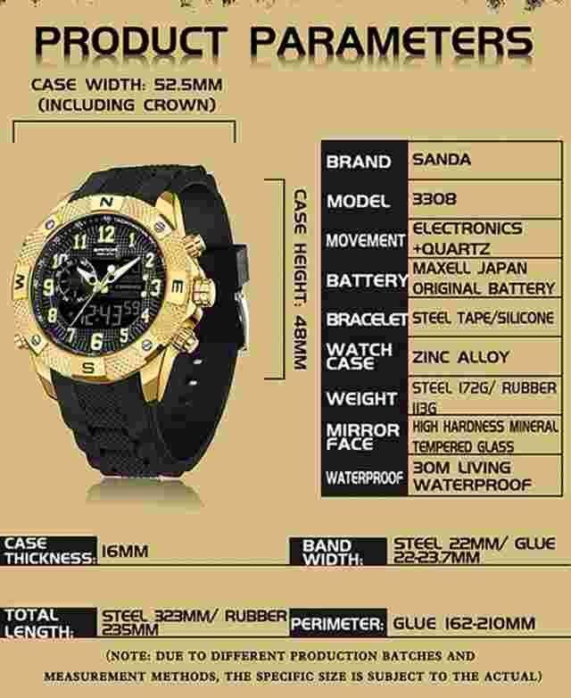 SANDA Golden Top Men Watch LED Digital Stainless Steel Military Sport Waterproof