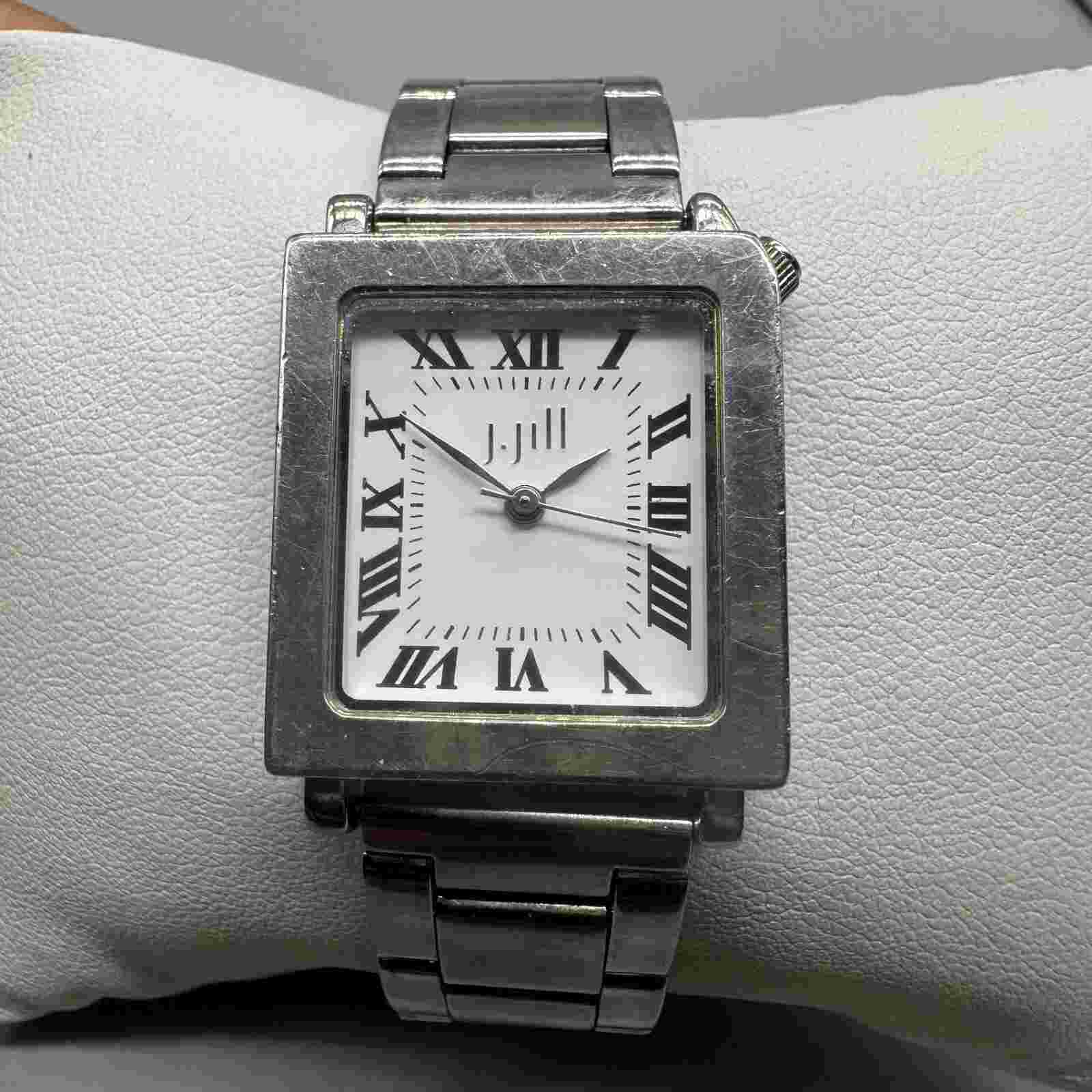 J Jill Watch Women Silver Tone White Rectangle Dial 24MM New Battery 7.25"