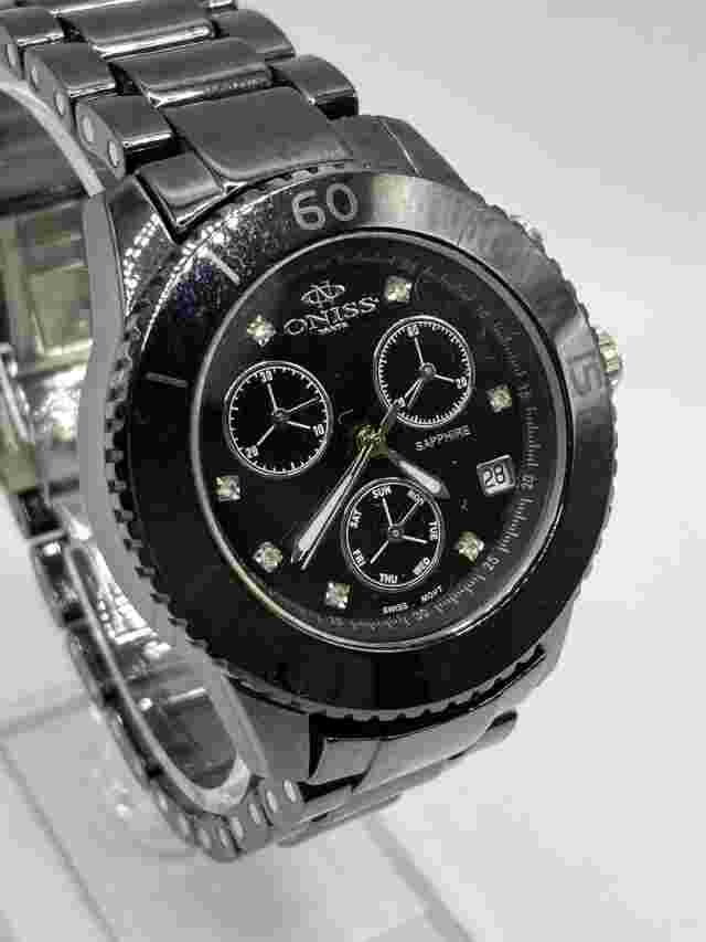 ONISS Paris Mens Multi Function Diamond Dial Black Ceramic Wrist Watch New Batt