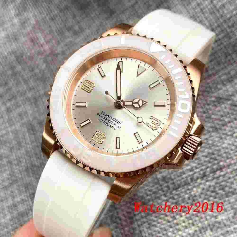 40mm Bliger Silver Dial Rotating Bezel Automatic NH35A Mens Watch Rose Gold Case