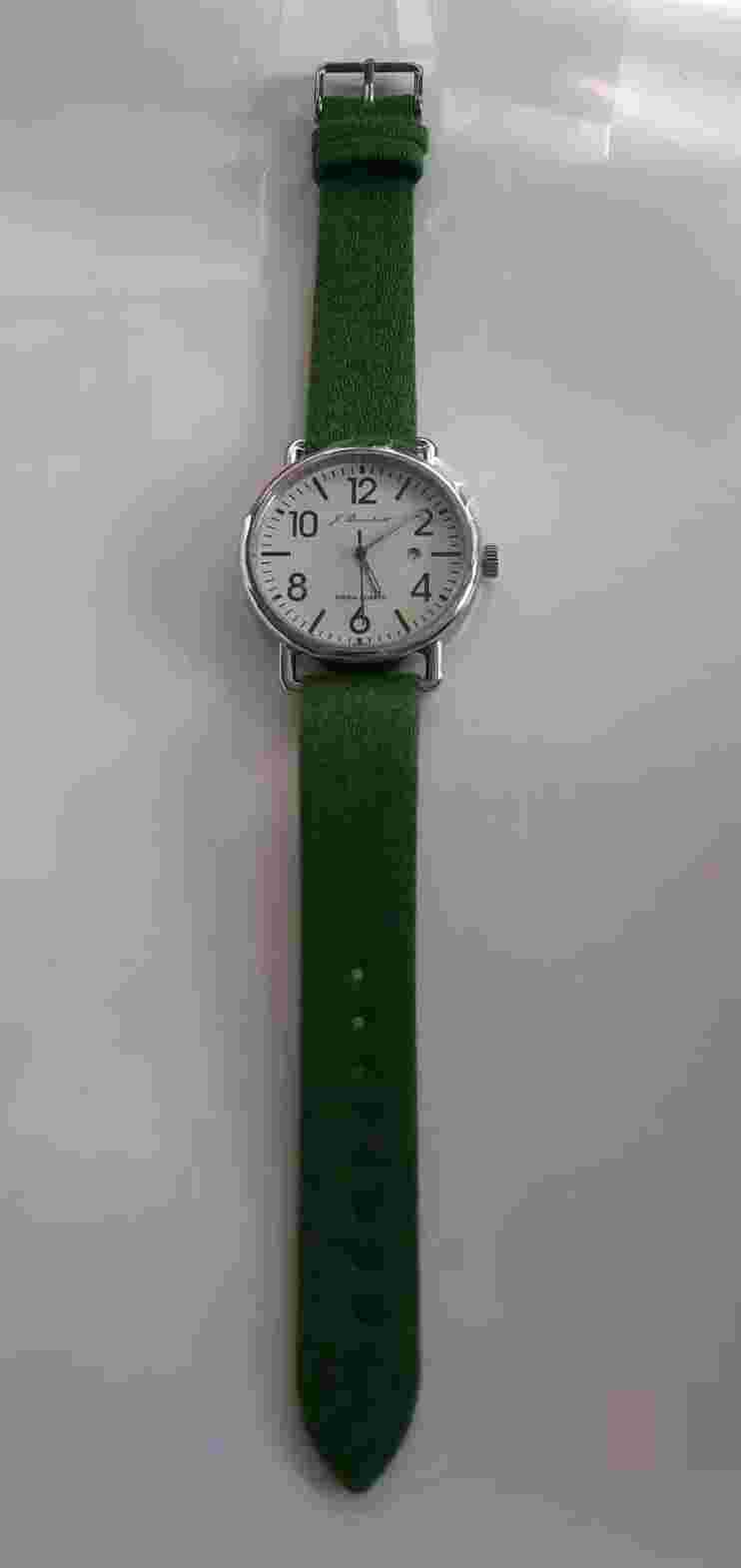 J Brackett Camden 42mm SS Case Cream Dial Swiss Ronda Movement Green Wool Strap