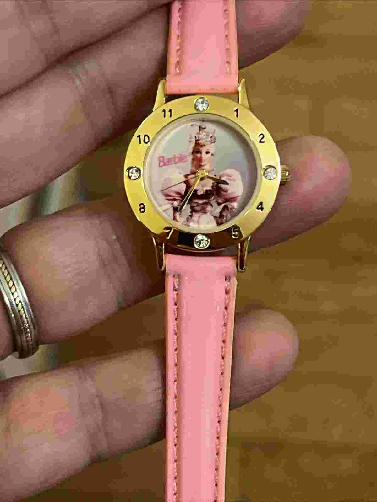 VTG Mattel Barbie Wristwatch Watch Gold Tone Case Bezel With Jewels Pink Band