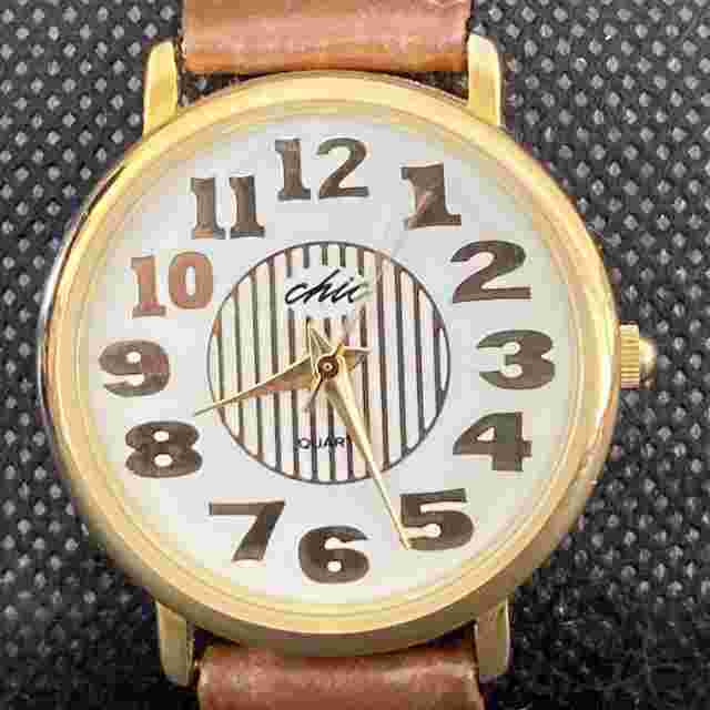 VINTAGE CHIC  QUARTZ WOMEN'S GOLD LEATHER WATCH Singapore Stainless Steel Bezel