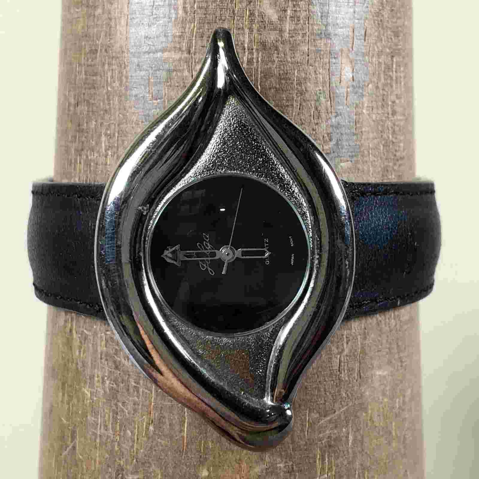 Vintage Jalga Women Black Leather EYE Asymmetrical 52mm Quartz Analog Watch 7"