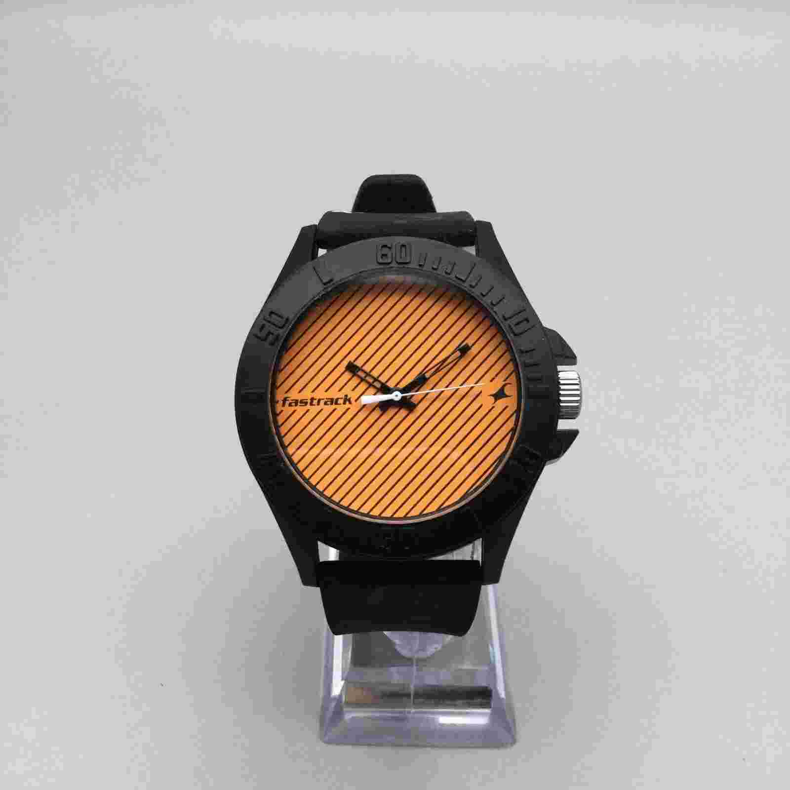 Fastrack Hashtag Watch Men 49mm Black Orange Stripped Dial Black Silicone Band