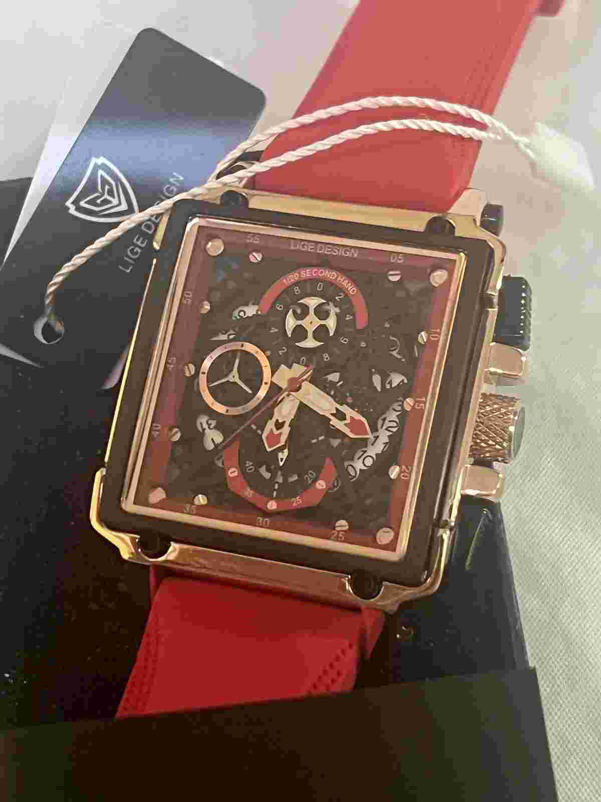 LIGE, skeleton chronograph date, black and red, 42 mm case,red rubber band.