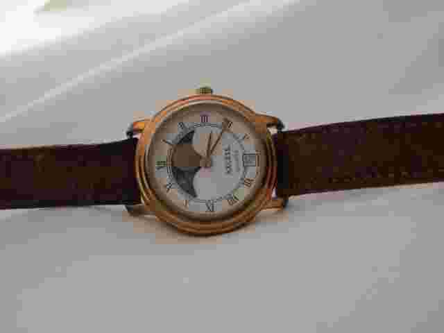 Axcess Watch Gold Tone Day Night Date Indicator Brown Pigskin Buckle Band