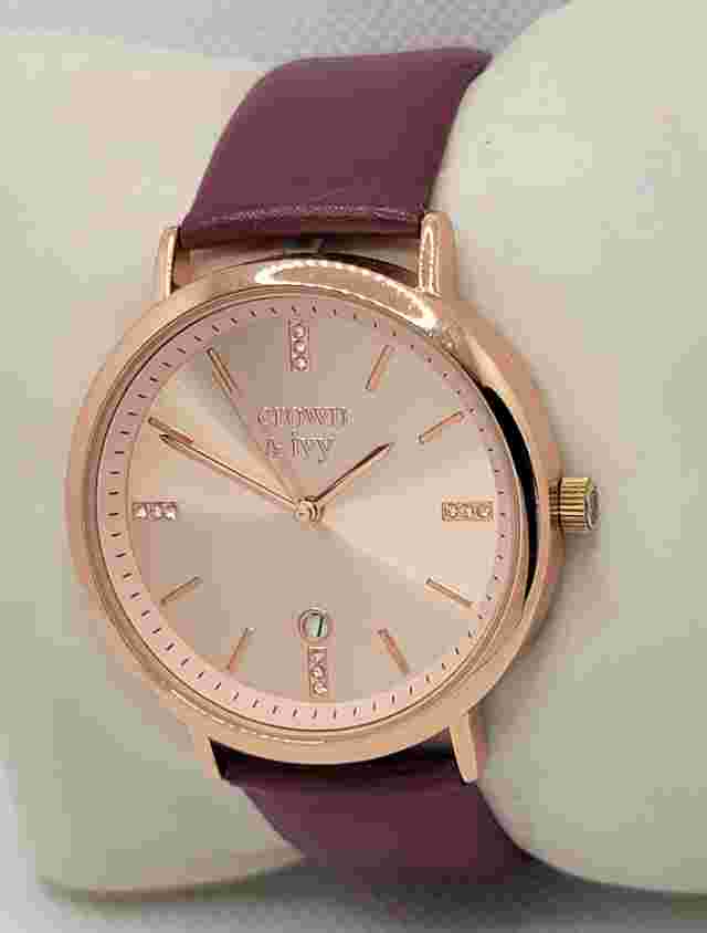 Ladies Crown & Ivy Round Rose Gold Tone Dial Leather Band Watch H6