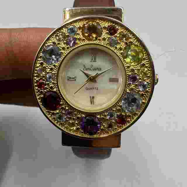Gem Essence Watch Women Gold Tone Multicolored Bling Dress Cuff Band New Battery
