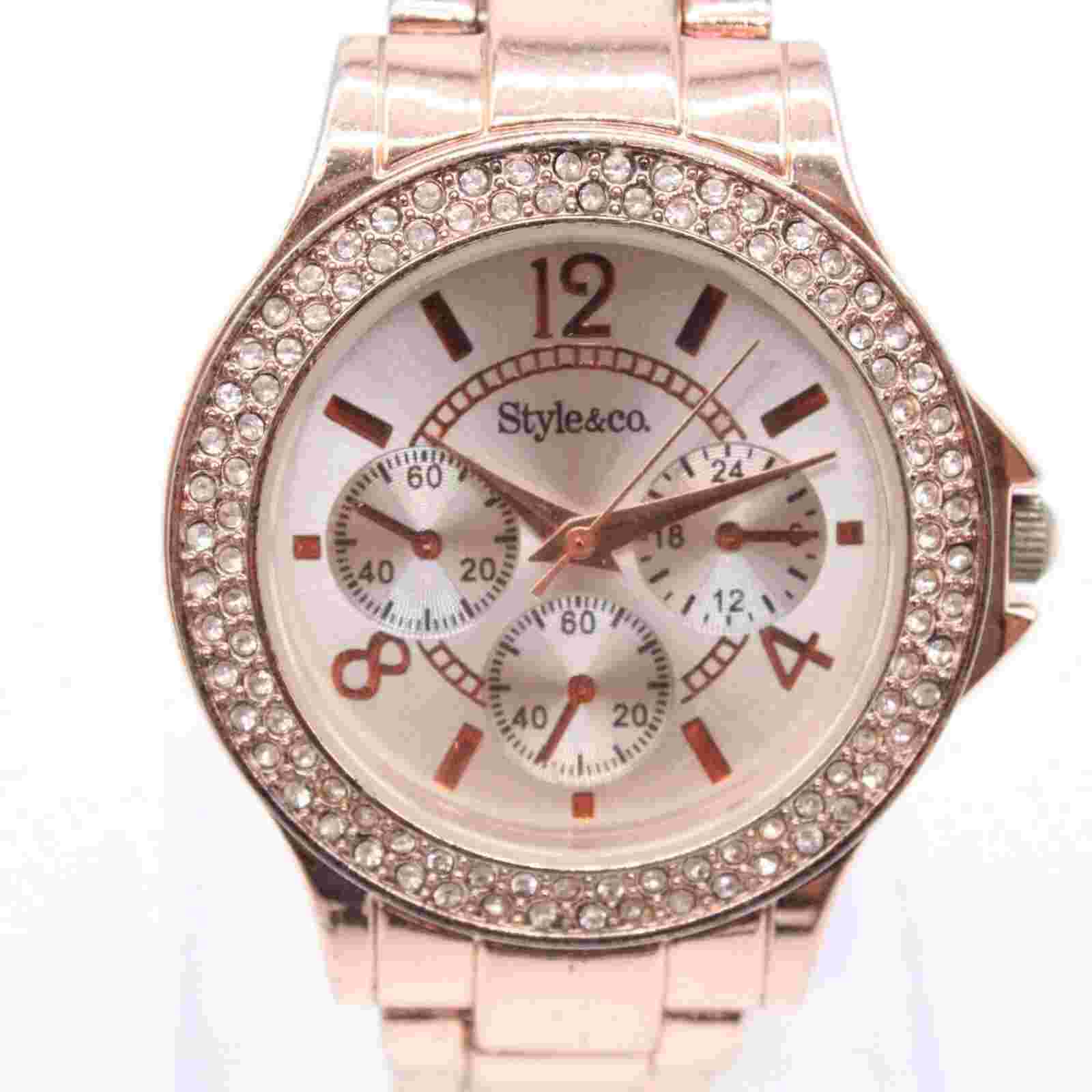 Style & Co Watch Womens Silver Tone Classic Stainless Steel Rhinestones Big Face
