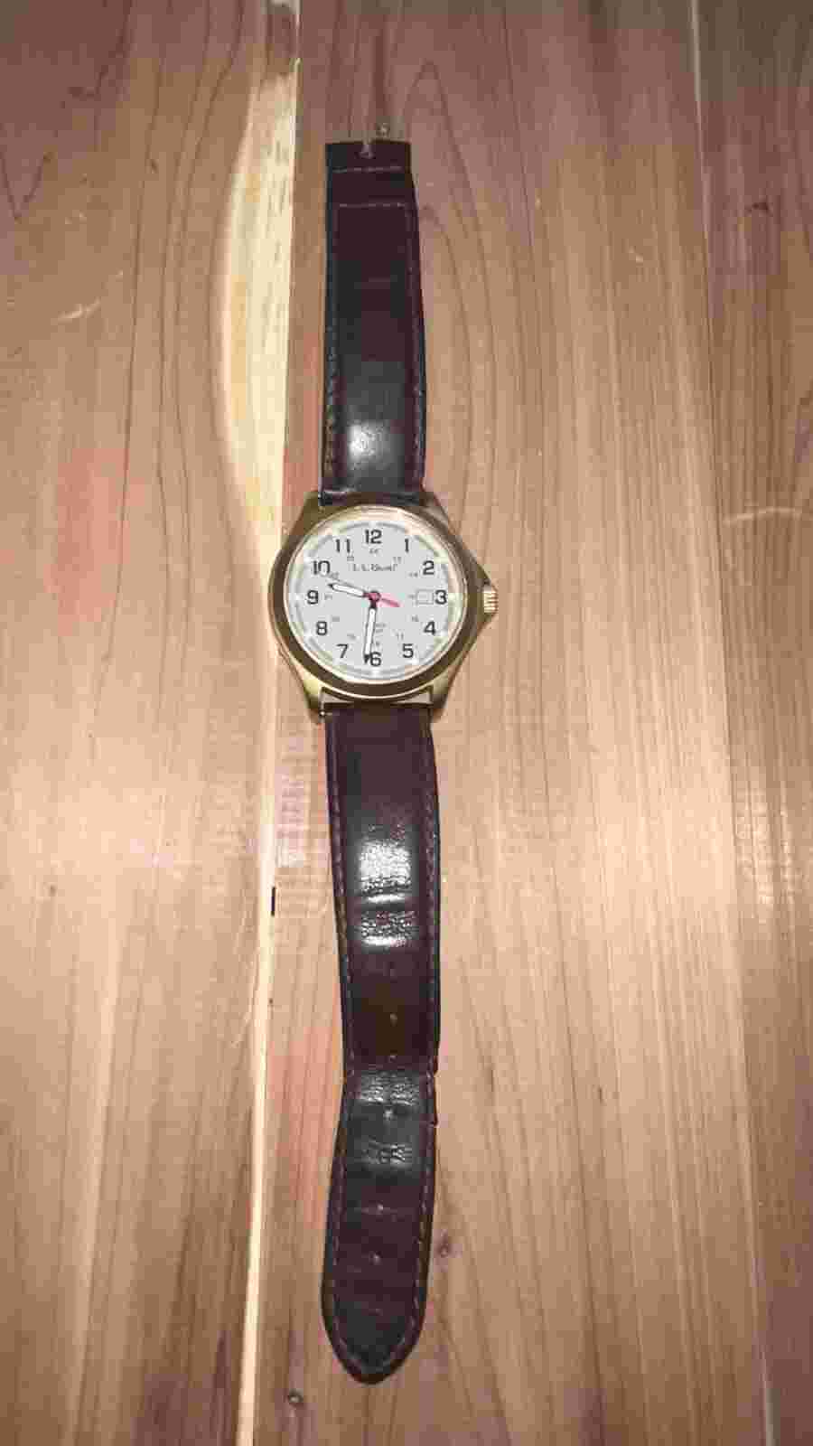 LL Bean Field Watch Men 40mm Gold Tone Swiss Made Brown Leather Band