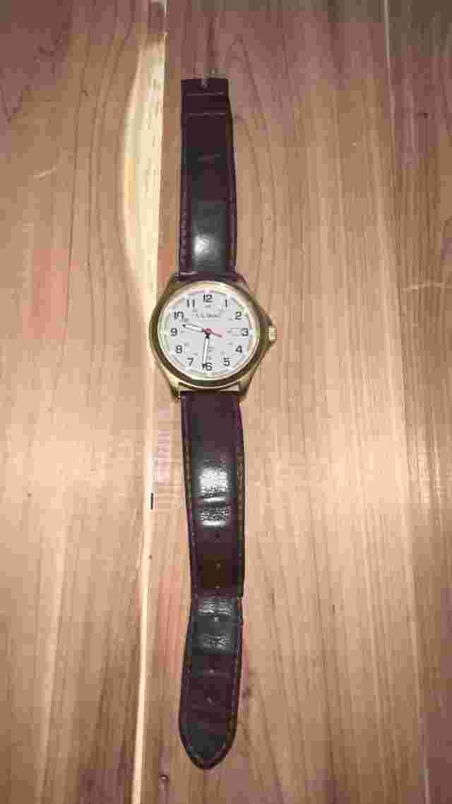 LL Bean Field Watch Men 40mm Gold Tone Swiss Made Brown Leather Band