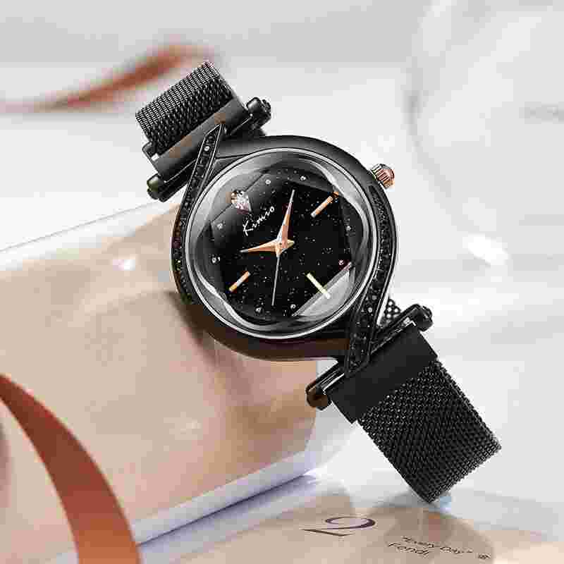 Kimio K6322 Black Steel Magnetic Closure Glitter Wrist Watch for Women