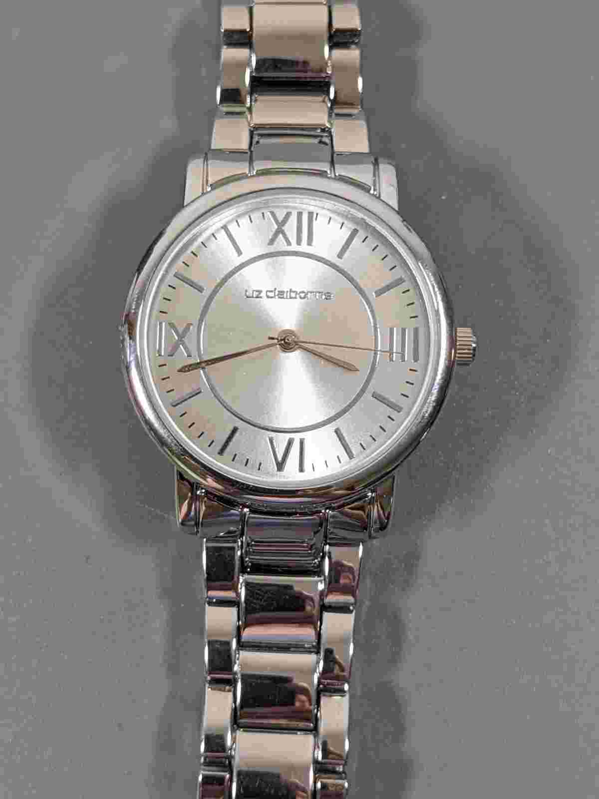 Liz Claiborne Silver Tone Round Dial Classic Bracelet Band Watch Womens 7.5 inch