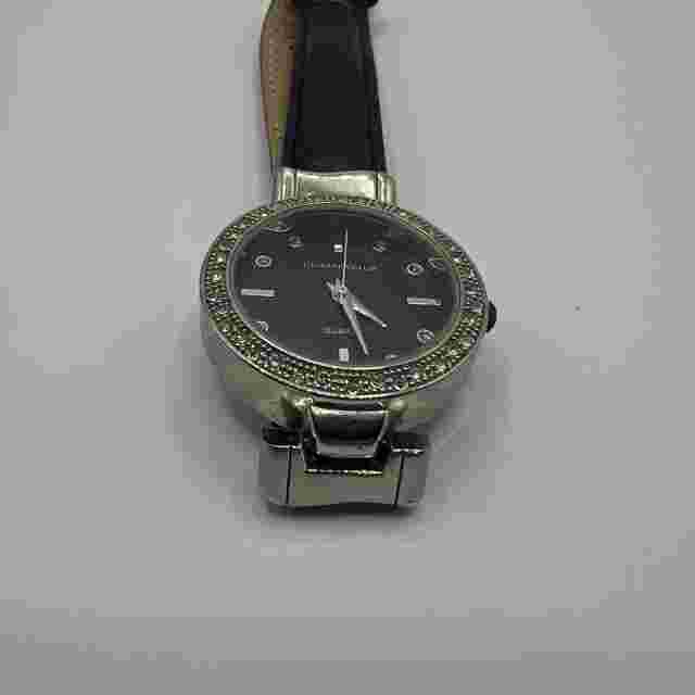 Charter Club Watch Unisex Silver Tone Black Leather Band with Jewel's