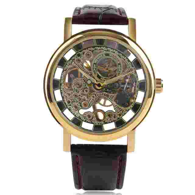 Winner Men's Mechanical Skeleton Watch Steampunk Design Roman Numeral Gold Case