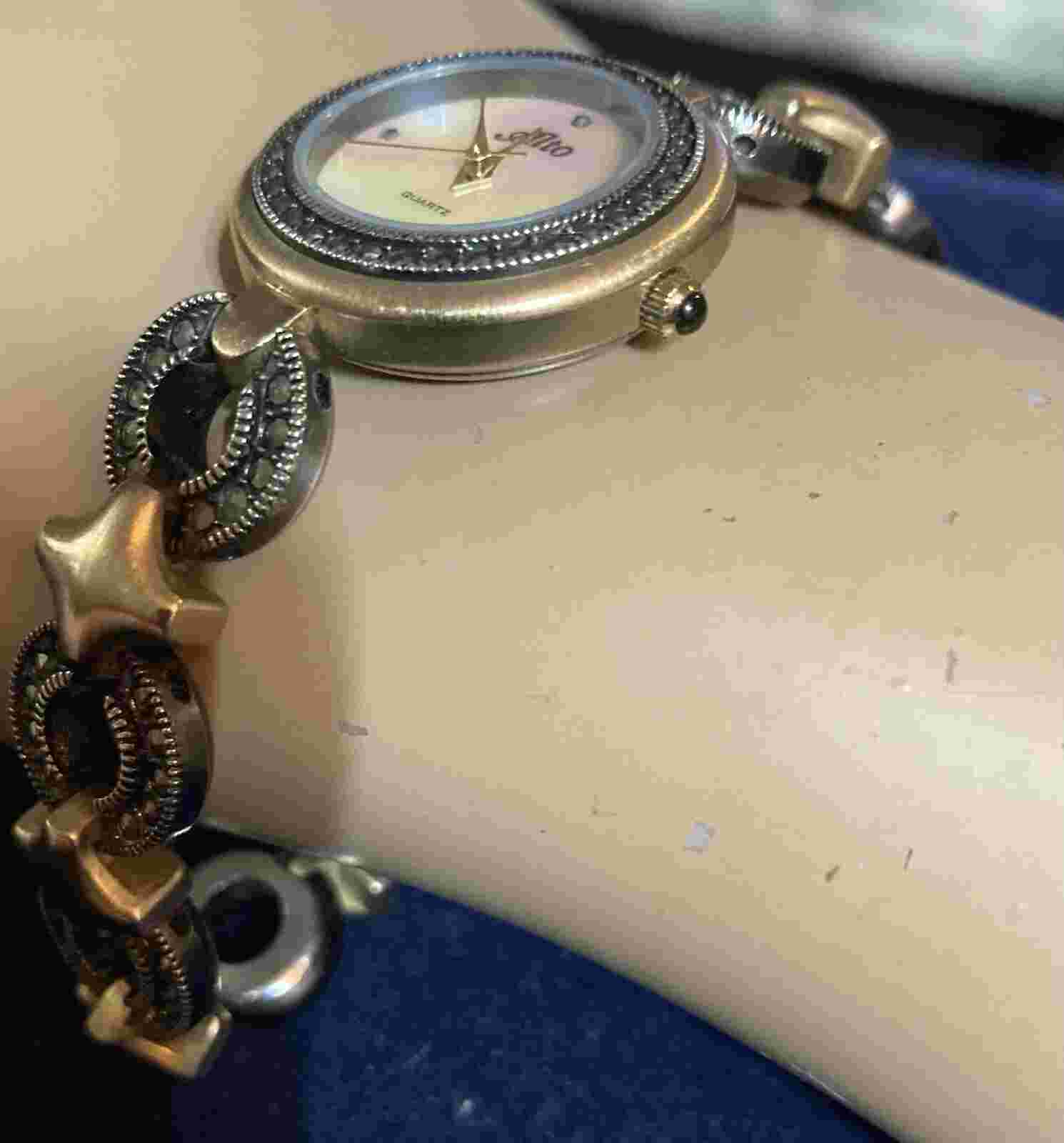 Ladies ALTO Marcasite GOLD/ SILVER Tone Watch Mother O Pearl Dial New Battery 8”