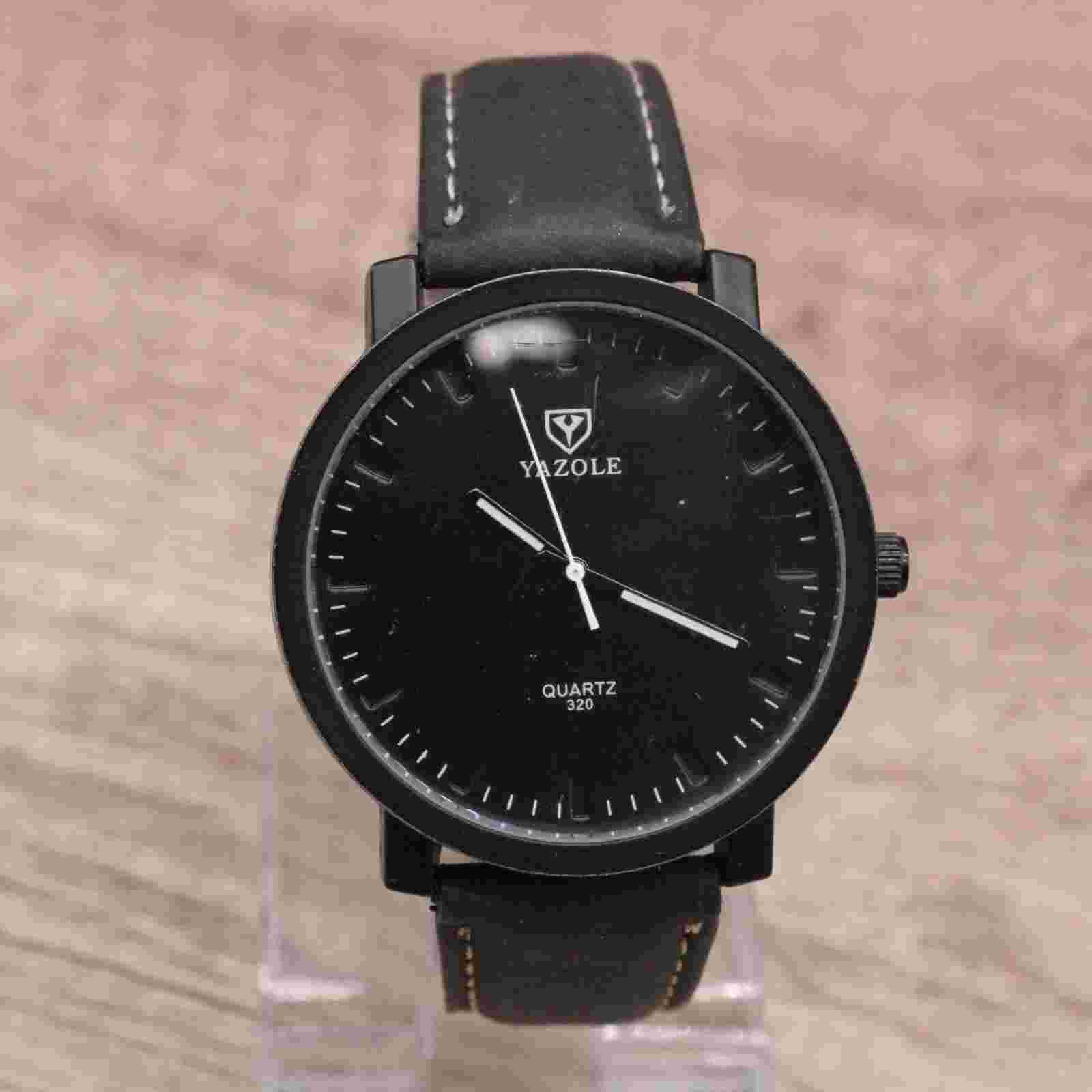 Yazole Watch Mens Black Tone Stainless Steel Quartz Classic Black Leather Band