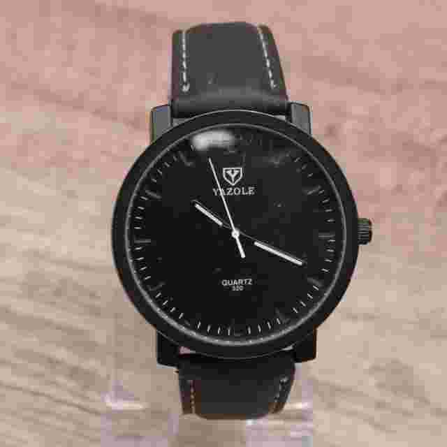 Yazole Watch Mens Black Tone Stainless Steel Quartz Classic Black Leather Band