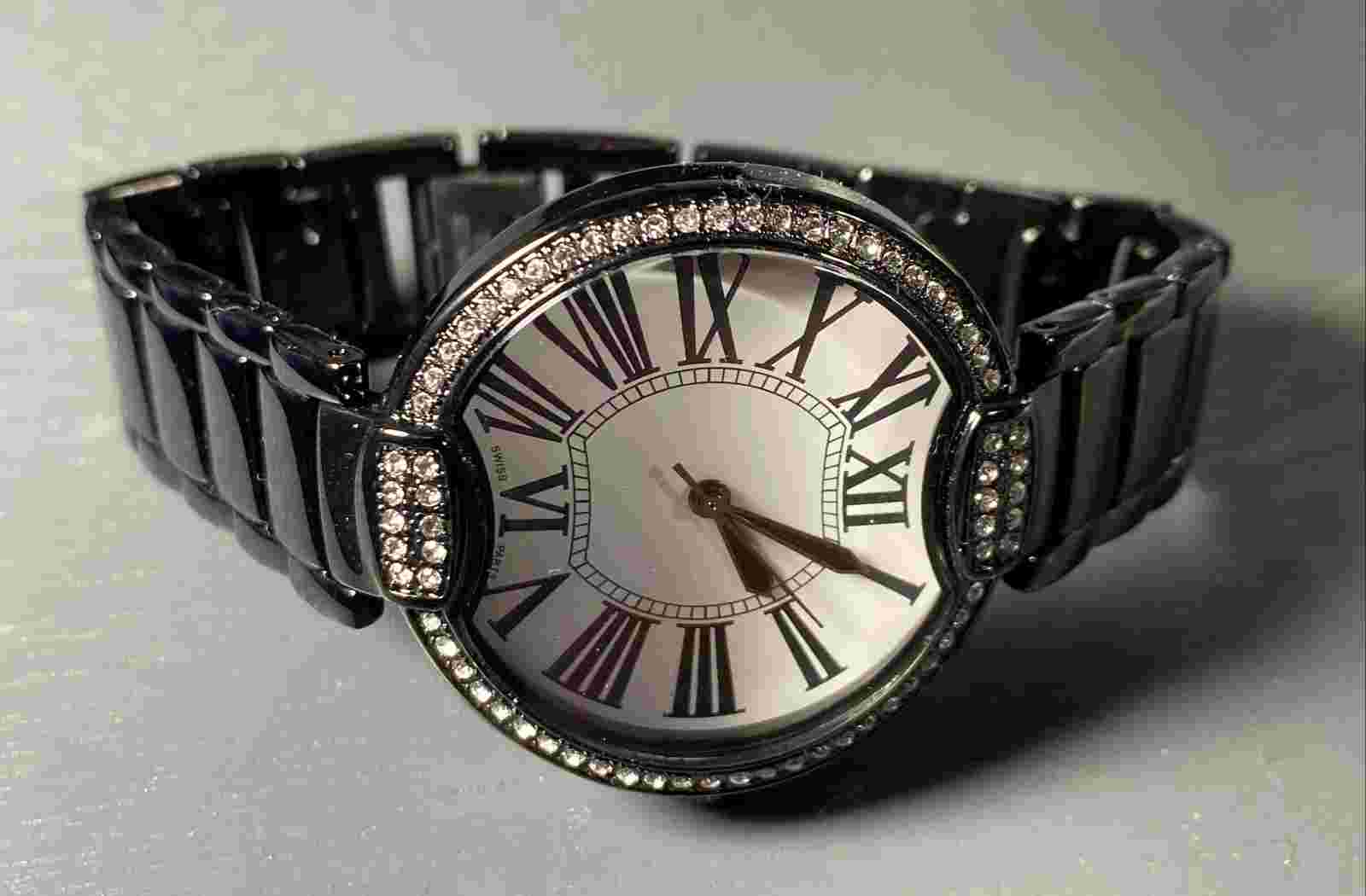 NEW Black Pave' Crystal Bezel Round Panther Link Watch by Bronzo Italia QVC