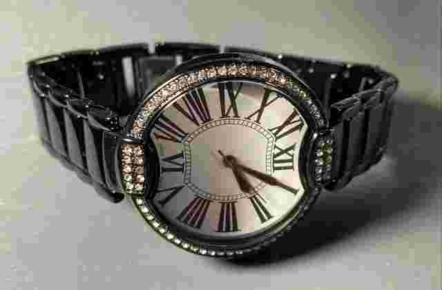 NEW Black Pave' Crystal Bezel Round Panther Link Watch by Bronzo Italia QVC
