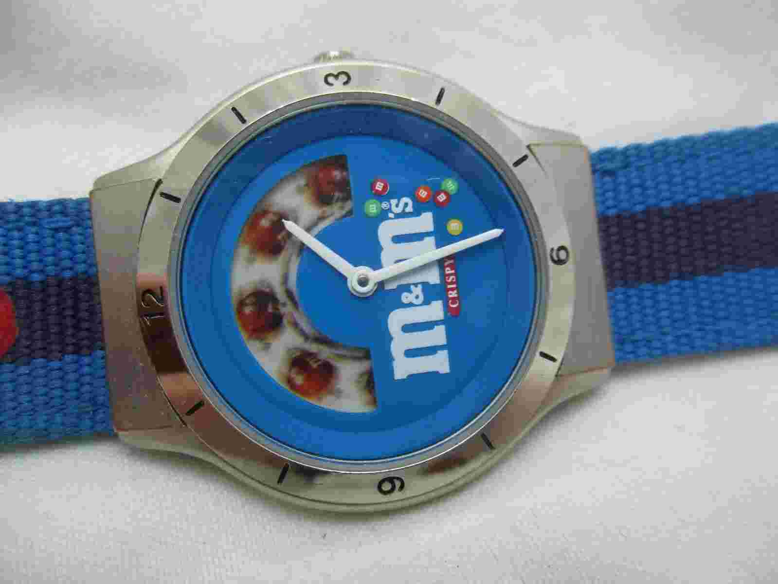 M&M's Crispy Watch Blue Striped Buckle Band Round Face Silver Tone