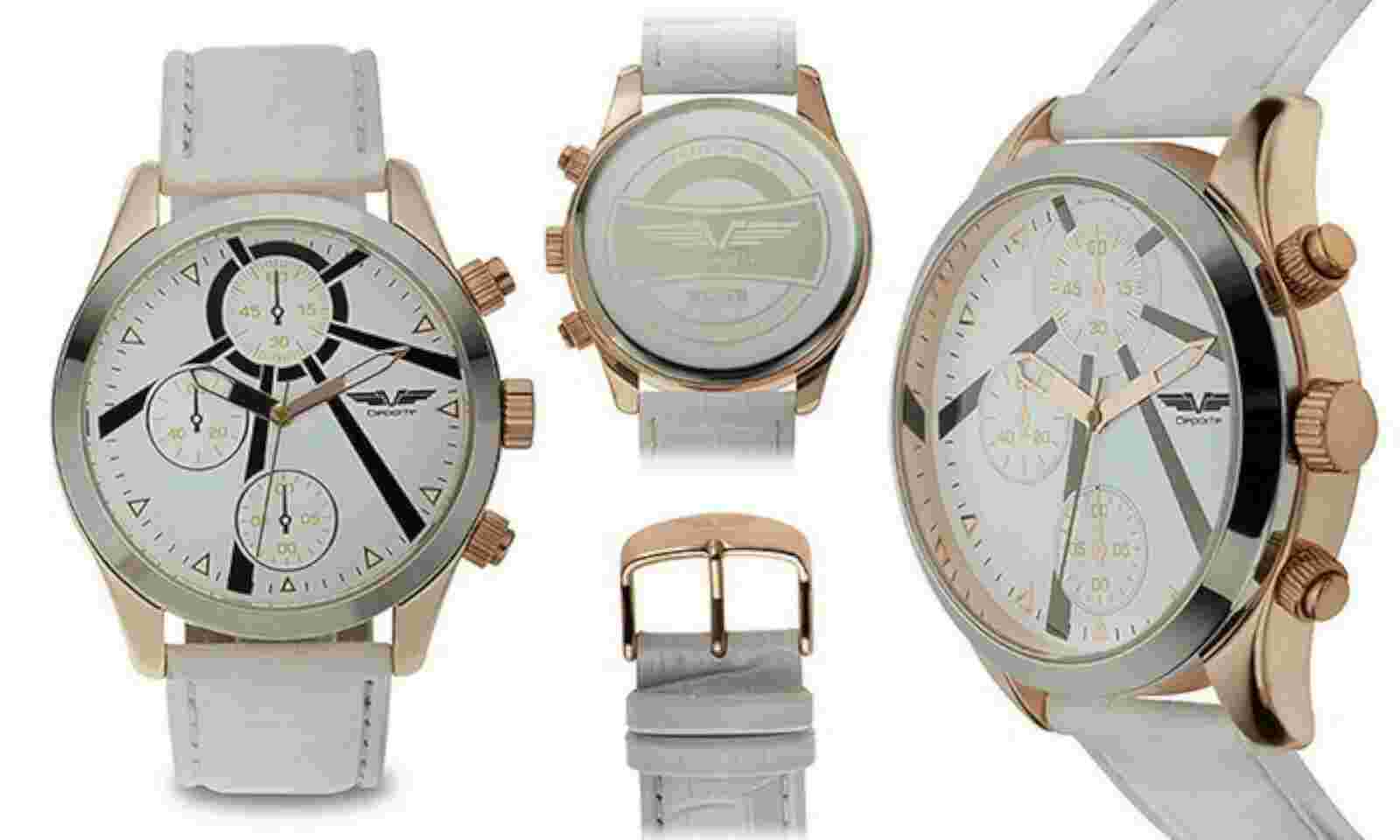 Deporte 14075 Mens Beacon Chronograph White Band Silver Bezel Rosegold Watch