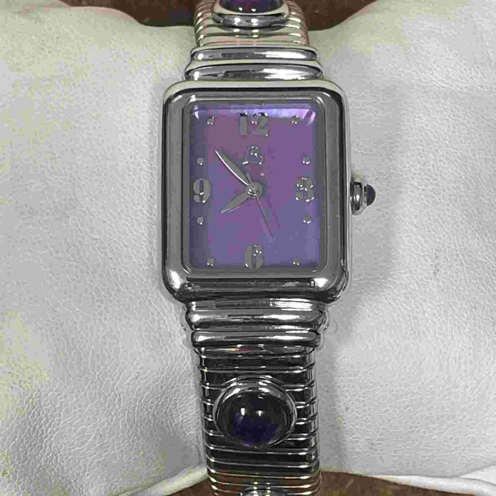 HSN Colleen Lopez Stainless Steel Amethyst Gemstone Dial Cuff Watch