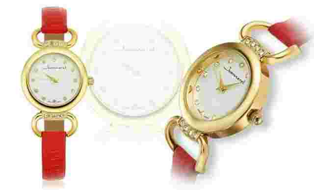 NEW Jeanneret 10041 Womens Florence Quartz Red Leather Gold Tone Accented Watch