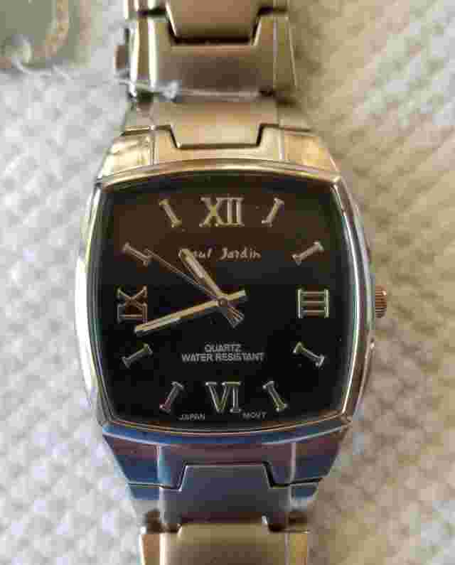 Men's Paul Jardin Silver Tone Watch Black Dial Link Band 8" Max Size New Battery