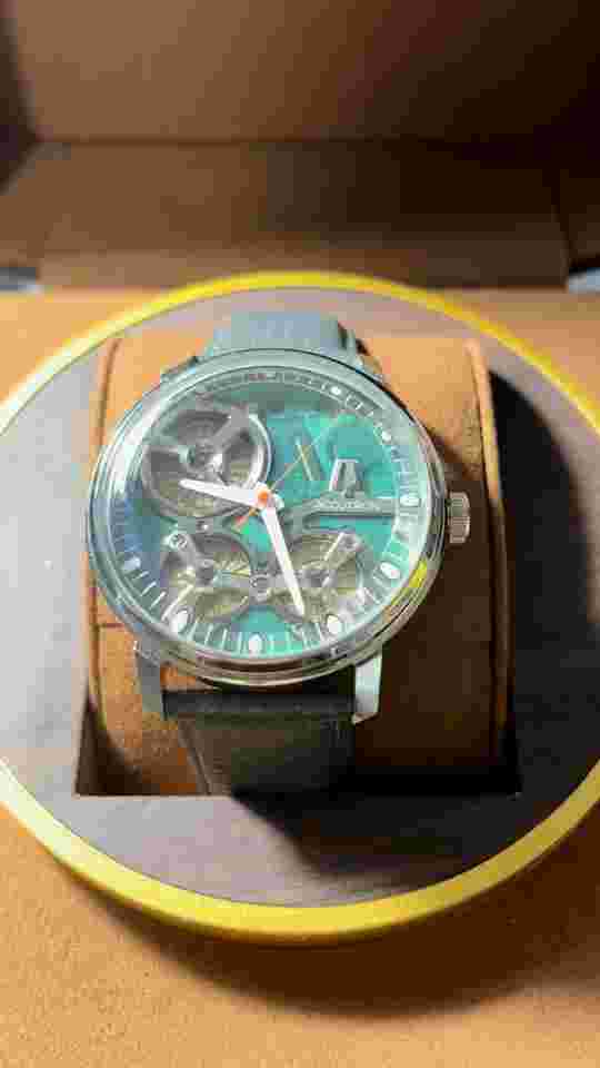 New Accutron Spaceview 2020 Watch with Tag and Box Gray Leather, Green Dial..