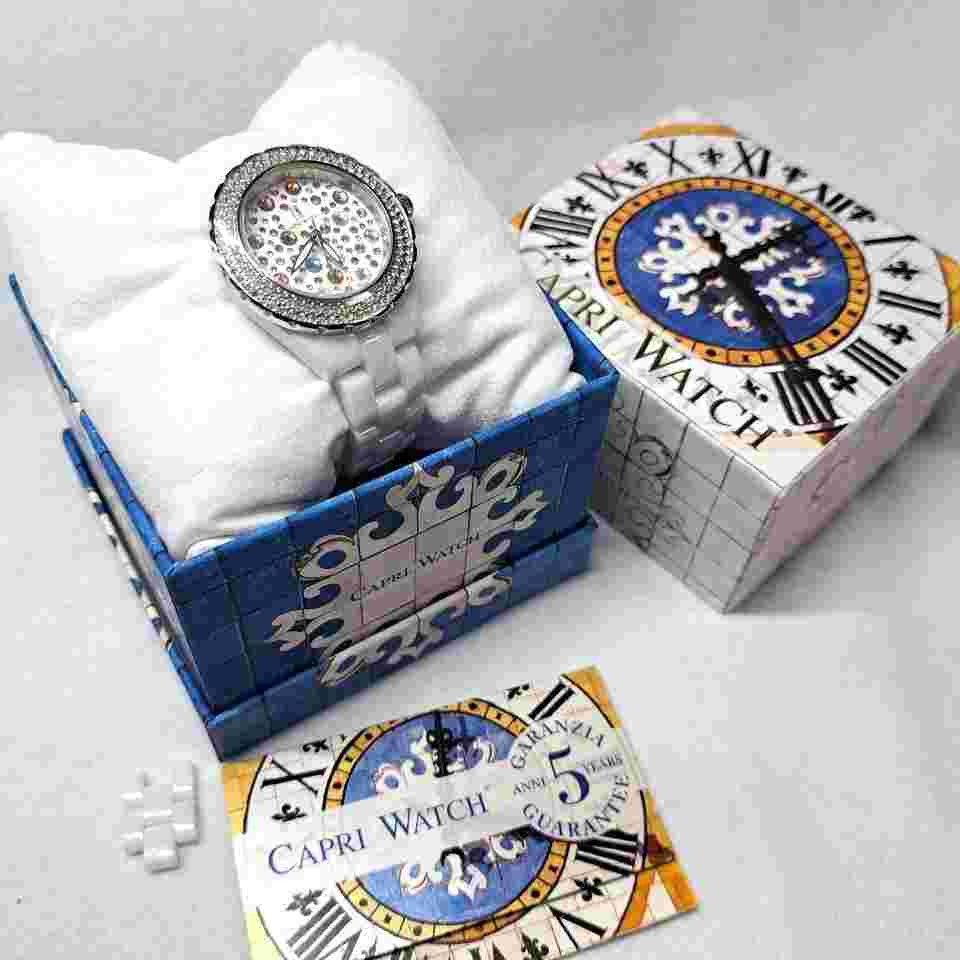 Capri Watch MultiJoy 5446 White Ceramic Swarovski Crystal Bezel Bracelet