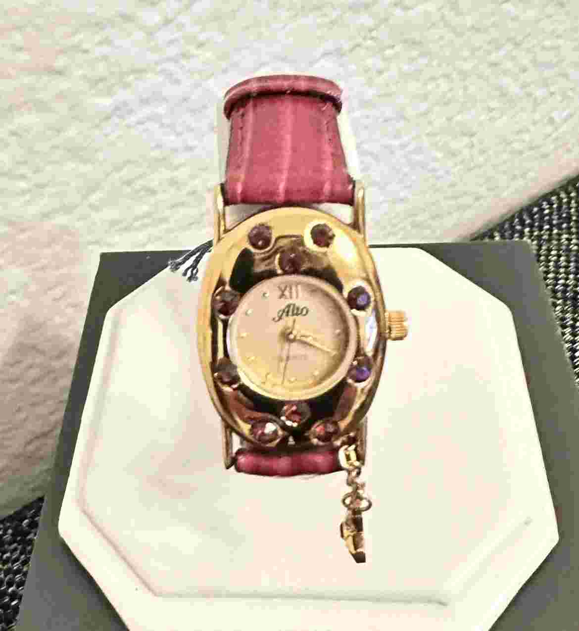 Alto Quartz Gold Tone Watch Burgundy Band with Charms