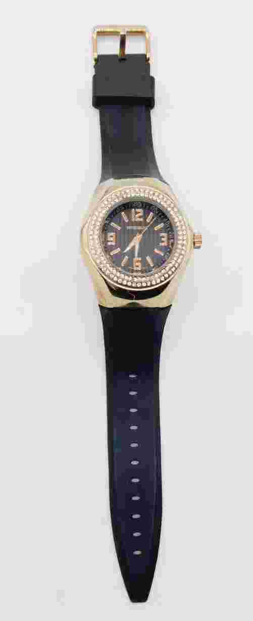 Rousseau wrist watch NO 9664 rose gold tone rhinestone black band