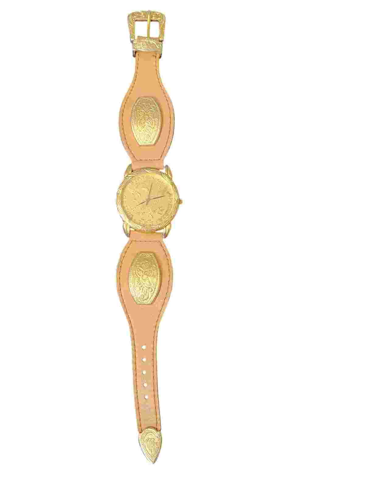 Vintage Western Coin Watch Gold Tone Leather Band Needs Battery Replacement