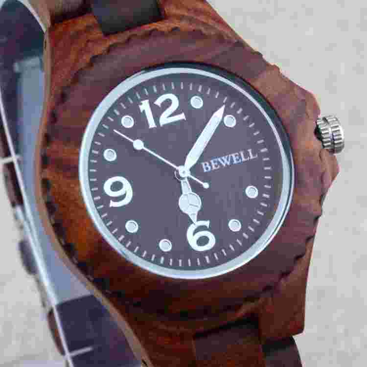 BEWELL Natural Sandalwood Numerals Mens Women Wooden Watches Japanese Quartz