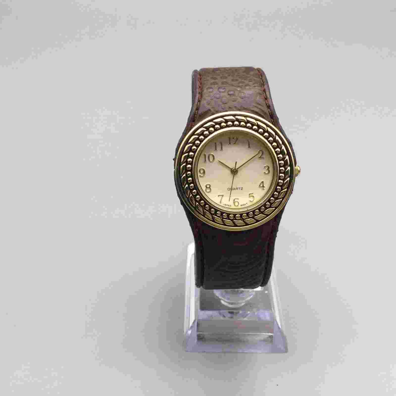 Avon Watch Women 34mm Gold Tone Western Open Leather Cuff Band New Battery
